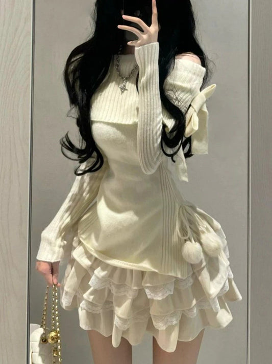 Winter Kawaii Sweet 2 Piece Set Woman Off Shoulder Bow Knitted Tops +