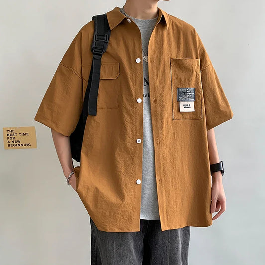 Summer Men Short Sleeve Shirts Japanese Casual Lapel Blouses High