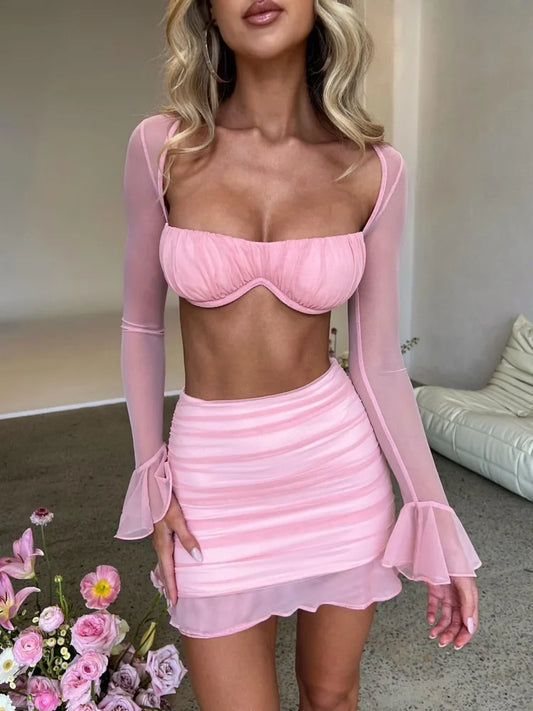 Mozision Mesh Sexy Dress Set Women Strapless Full Sleeve Crop Top And