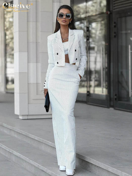 Clacive Fashion Long Sleeve Crop Top 2 Piece Sets Women Elegant Slim